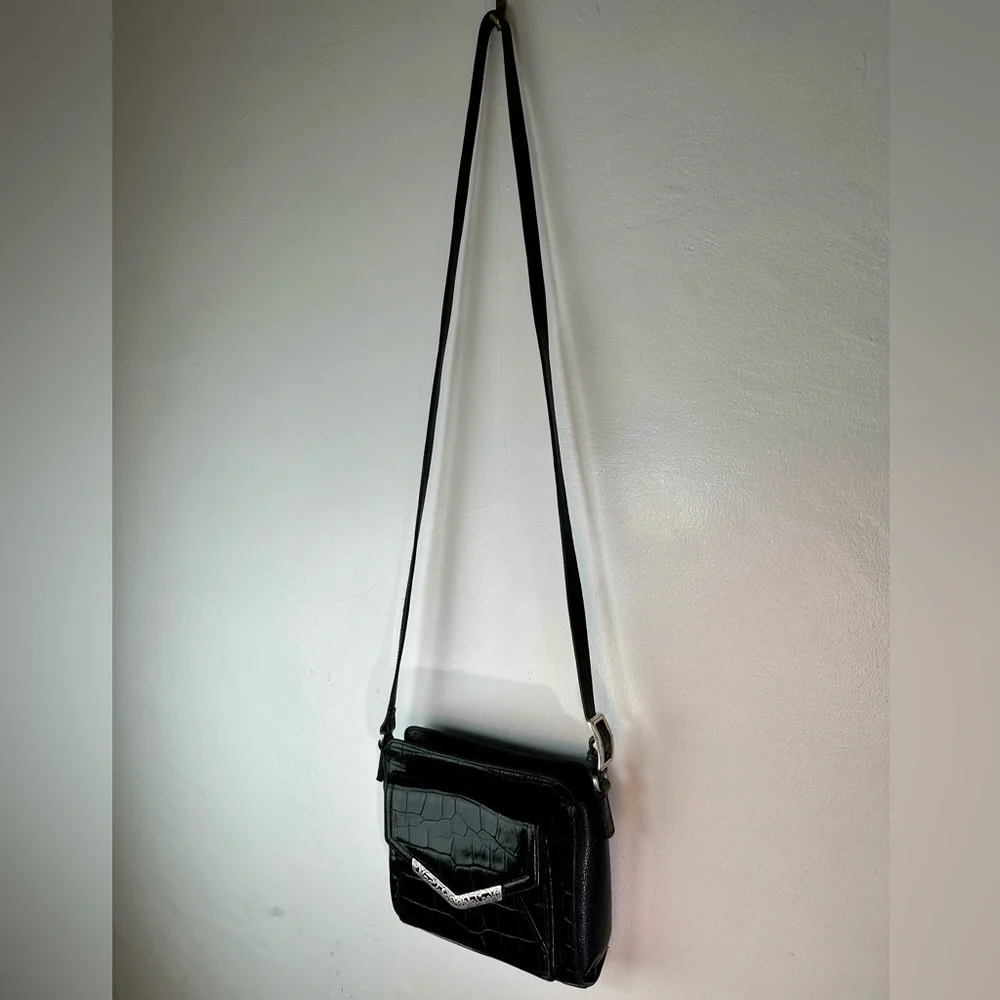 Black Croc-Embossed Leather Crossbody Bag with Silver Trim & Organizer - Picture 2 of 9